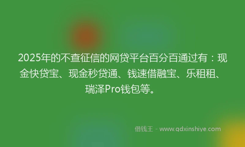 2025年的不查征信的网贷平台百分百通过有：现金快贷宝、现金秒贷通、钱速借融宝、乐租租、瑞泽Pro钱包等。