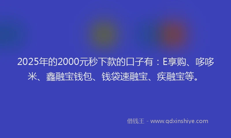 2025年的2000元秒下款的口子有：E享购、哆哆米、鑫融宝钱包、钱袋速融宝、疾融宝等。