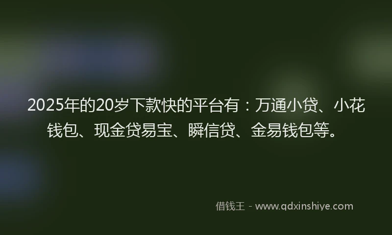 2025年的20岁下款快的平台有：万通小贷、小花钱包、现金贷易宝、瞬信贷、金易钱包等。