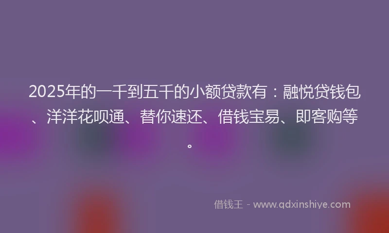 2025年的一千到五千的小额贷款有：融悦贷钱包、洋洋花呗通、替你速还、借钱宝易、即客购等。