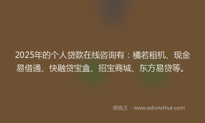 2025年的个人贷款在线咨询有：橘若租机、现金易借通、快融贷宝盒、招宝商城、东方易贷等。