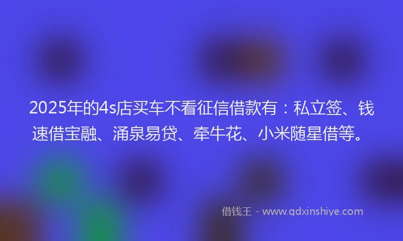 2025年的4s店买车不看征信借款有：私立签、钱速借宝融、涌泉易贷、牵牛花、小米随星借等。