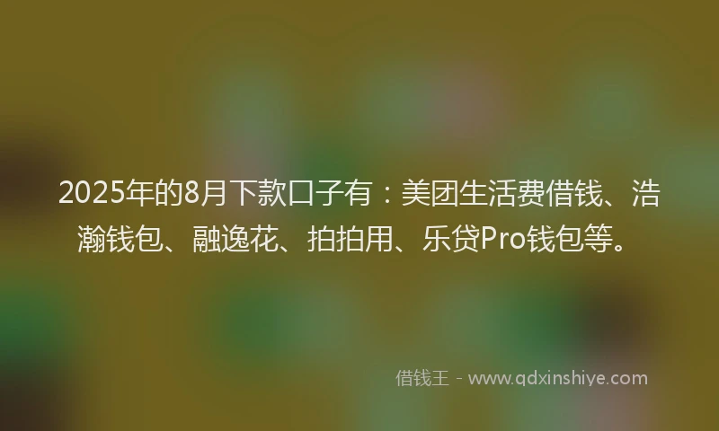 2025年的8月下款口子有：美团生活费借钱、浩瀚钱包、融逸花、拍拍用、乐贷Pro钱包等。