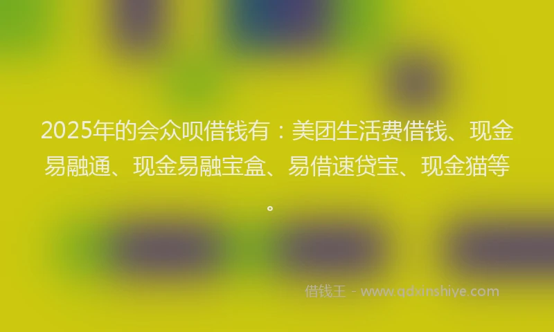 2025年的会众呗借钱有：美团生活费借钱、现金易融通、现金易融宝盒、易借速贷宝、现金猫等。