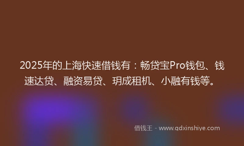 2025年的上海快速借钱有：畅贷宝Pro钱包、钱速达贷、融资易贷、玥成租机、小融有钱等。