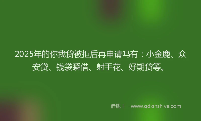 2025年的你我贷被拒后再申请吗有：小金鹿、众安贷、钱袋瞬借、射手花、好期贷等。