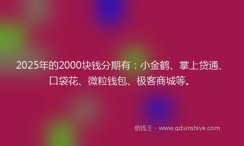2025年的2000块钱分期有：小金鹤、掌上贷通、口袋花、微粒钱包、极客商城等。