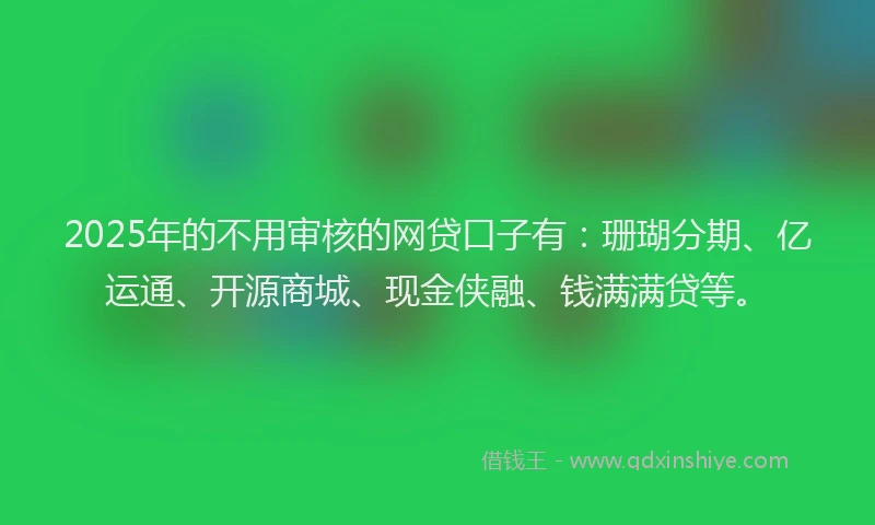 2025年的不用审核的网贷口子有：珊瑚分期、亿运通、开源商城、现金侠融、钱满满贷等。