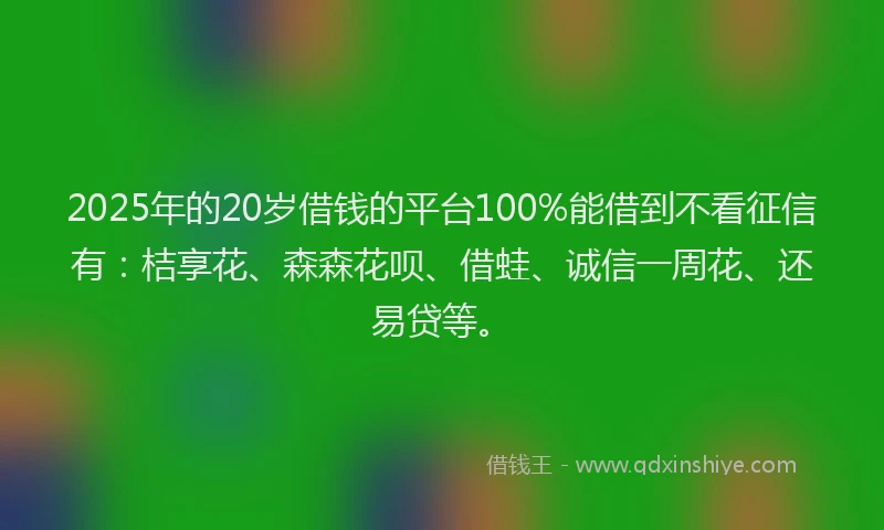 2025年的20岁借钱的平台100%能借到不看征信有：桔享花、森森花呗、借蛙、诚信一周花、还易贷等。