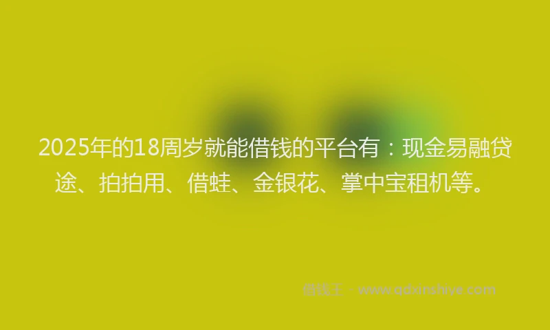 2025年的18周岁就能借钱的平台有：现金易融贷途、拍拍用、借蛙、金银花、掌中宝租机等。