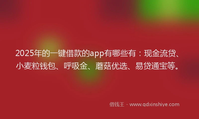 2025年的一键借款的app有哪些有：现金流贷、小麦粒钱包、呼吸金、蘑菇优选、易贷通宝等。