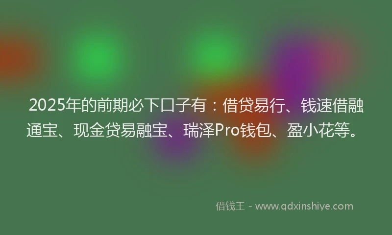 2025年的前期必下口子有：借贷易行、钱速借融通宝、现金贷易融宝、瑞泽Pro钱包、盈小花等。
