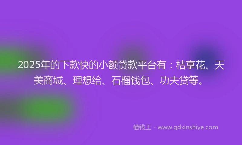 2025年的下款快的小额贷款平台有：桔享花、天美商城、理想给、石榴钱包、功夫贷等。