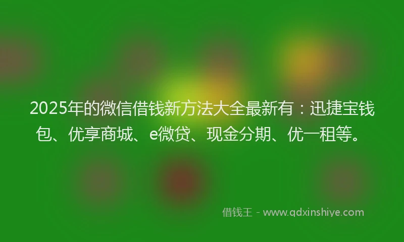 2025年的微信借钱新方法大全最新有：迅捷宝钱包、优享商城、e微贷、现金分期、优一租等。