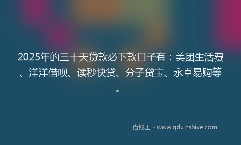 2025年的三十天贷款必下款口子有：美团生活费、洋洋借呗、读秒快贷、分子贷宝、永卓易购等。