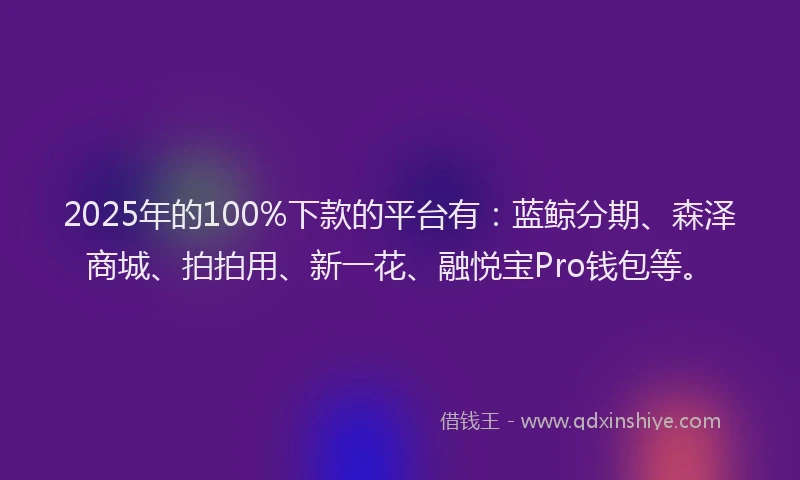 2025年的100%下款的平台有：蓝鲸分期、森泽商城、拍拍用、新一花、融悦宝Pro钱包等。