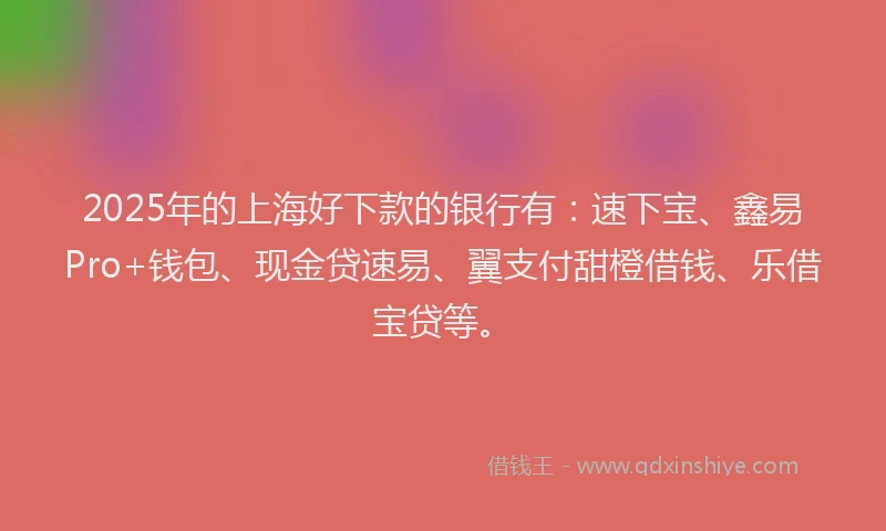 2025年的上海好下款的银行有：速下宝、鑫易Pro+钱包、现金贷速易、翼支付甜橙借钱、乐借宝贷等。
