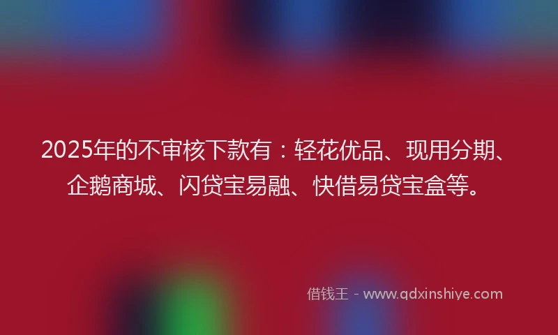 2025年的不审核下款有：轻花优品、现用分期、企鹅商城、闪贷宝易融、快借易贷宝盒等。