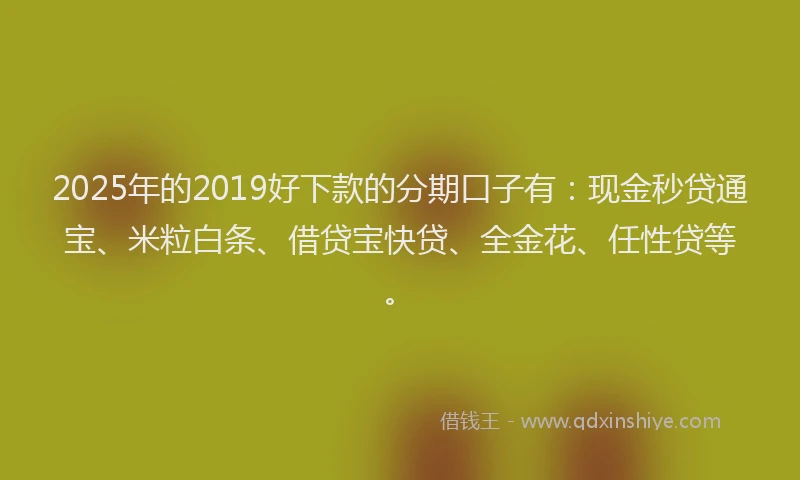 2025年的2019好下款的分期口子有：现金秒贷通宝、米粒白条、借贷宝快贷、全金花、任性贷等。