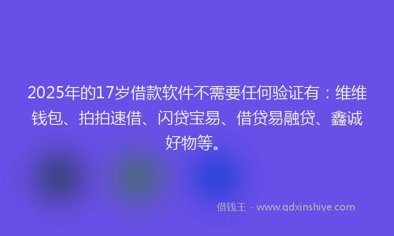 2025年的17岁借款软件不需要任何验证有：维维钱包、拍拍速借、闪贷宝易、借贷易融贷、鑫诚好物等。