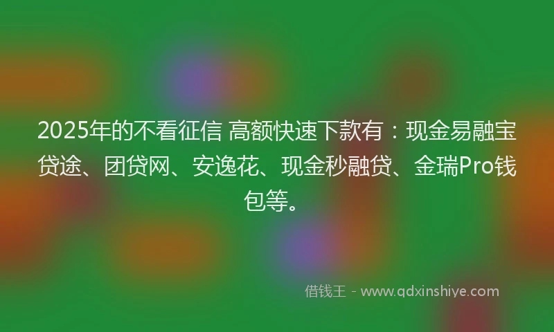 2025年的不看征信 高额快速下款有：现金易融宝贷途、团贷网、安逸花、现金秒融贷、金瑞Pro钱包等。