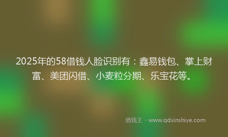 2025年的58借钱人脸识别有：鑫易钱包、掌上财富、美团闪借、小麦粒分期、乐宝花等。