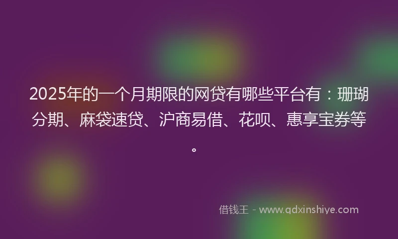 2025年的一个月期限的网贷有哪些平台有:珊瑚分期、麻袋速贷、沪商易借、花呗、惠享宝券等。