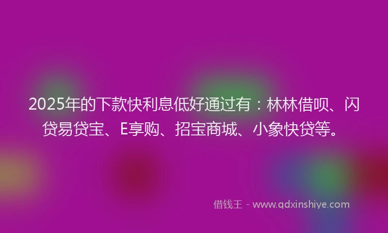 2025年的下款快利息低好通过有：林林借呗、闪贷易贷宝、E享购、招宝商城、小象快贷等。