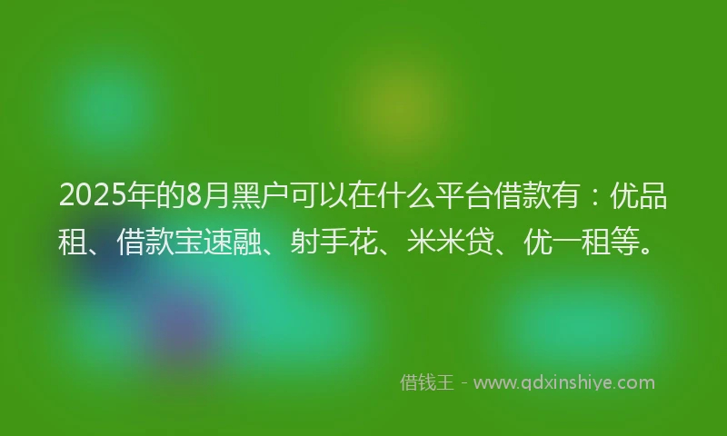 2025年的8月黑户可以在什么平台借款有：优品租、借款宝速融、射手花、米米贷、优一租等。