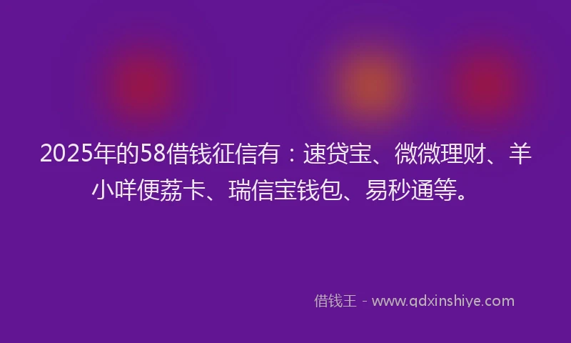 2025年的58借钱征信有：速贷宝、微微理财、羊小咩便荔卡、瑞信宝钱包、易秒通等。