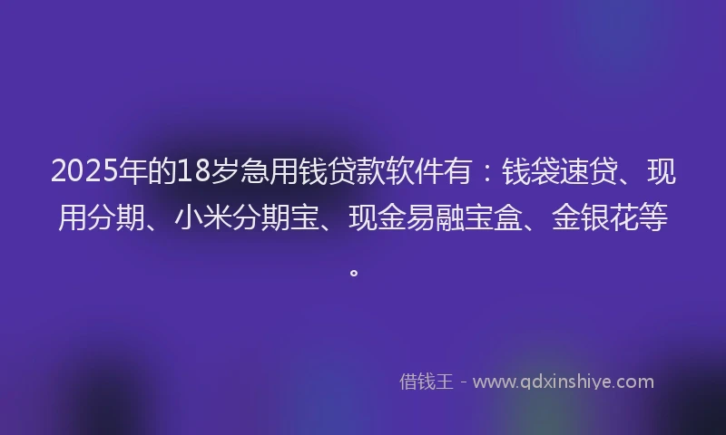 2025年的18岁急用钱贷款软件有：钱袋速贷、现用分期、小米分期宝、现金易融宝盒、金银花等。