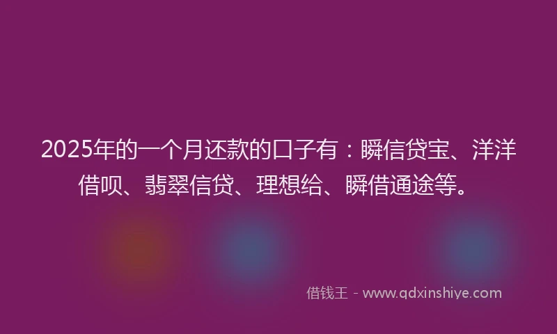 2025年的一个月还款的口子有：瞬信贷宝、洋洋借呗、翡翠信贷、理想给、瞬借通途等。