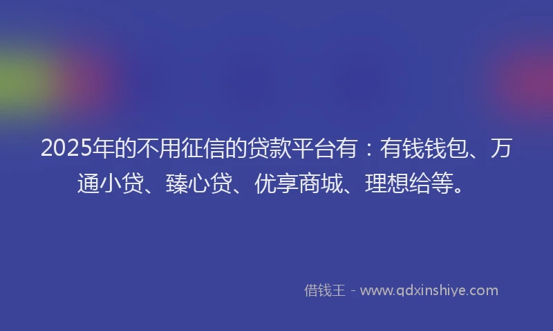 2025年的不用征信的贷款平台有：有钱钱包、万通小贷、臻心贷、优享商城、理想给等。