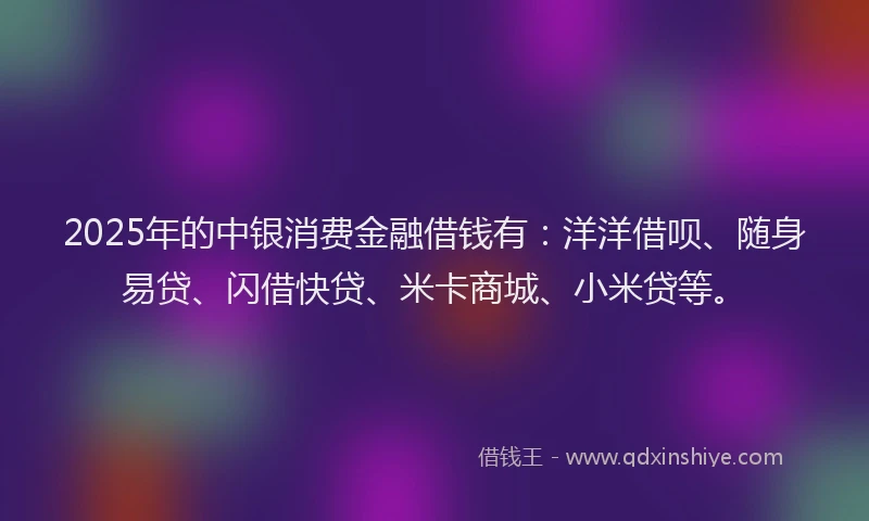 2025年的中银消费金融借钱有：洋洋借呗、随身易贷、闪借快贷、米卡商城、小米贷等。