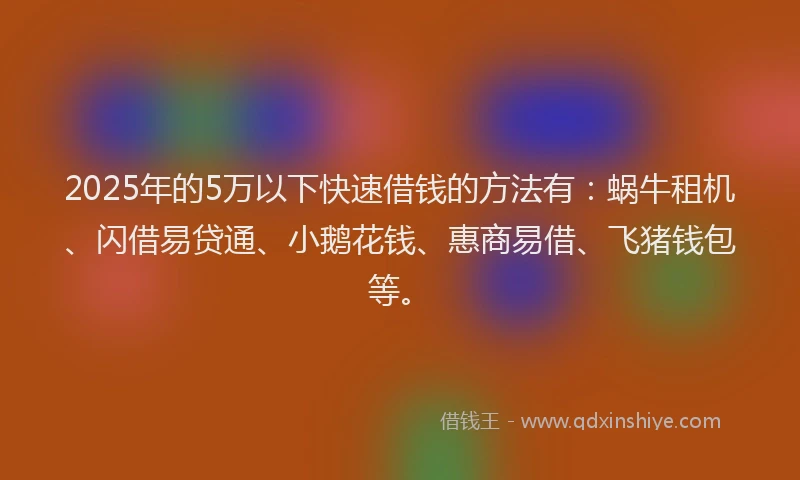 2025年的5万以下快速借钱的方法有：蜗牛租机、闪借易贷通、小鹅花钱、惠商易借、飞猪钱包等。