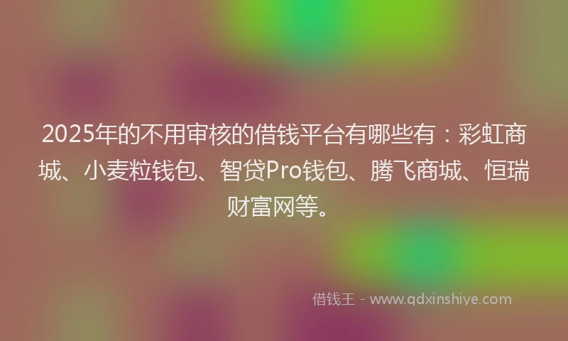 2025年的不用审核的借钱平台有哪些有：彩虹商城、小麦粒钱包、智贷Pro钱包、腾飞商城、恒瑞财富网等。