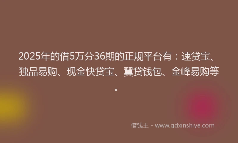 2025年的借5万分36期的正规平台有：速贷宝、独品易购、现金快贷宝、翼贷钱包、金峰易购等。