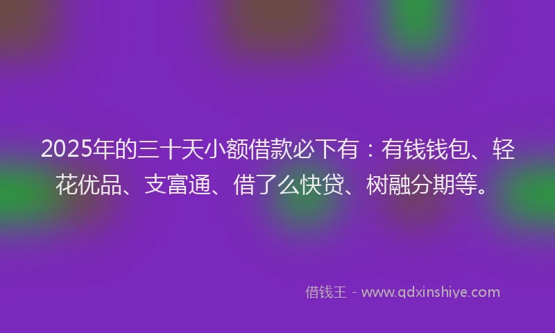 2025年的三十天小额借款必下有：有钱钱包、轻花优品、支富通、借了么快贷、树融分期等。