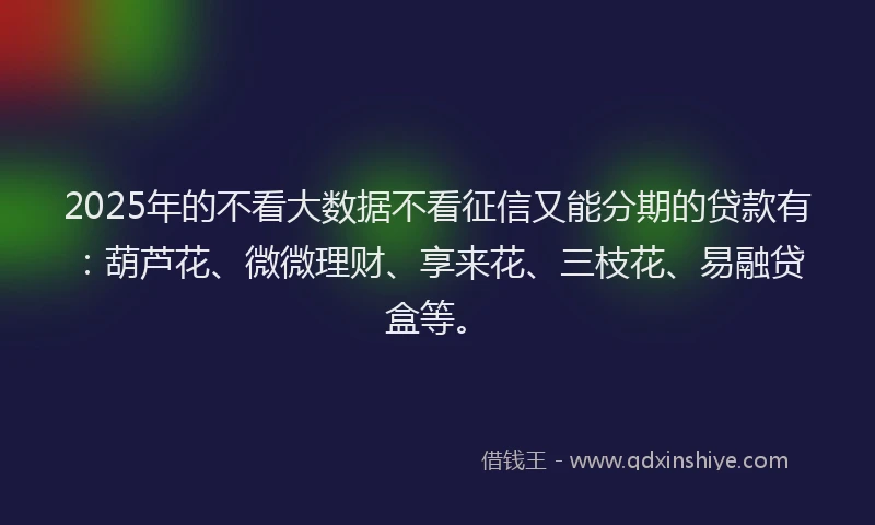 2025年的不看大数据不看征信又能分期的贷款有：葫芦花、微微理财、享来花、三枝花、易融贷盒等。