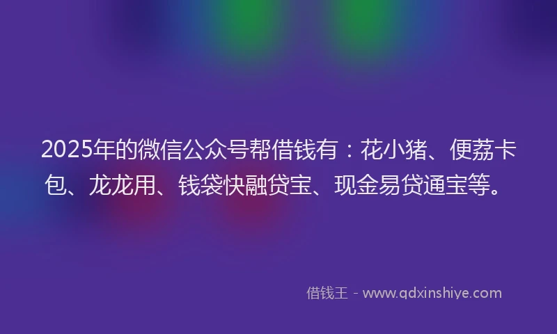 2025年的微信公众号帮借钱有：花小猪、便荔卡包、龙龙用、钱袋快融贷宝、现金易贷通宝等。