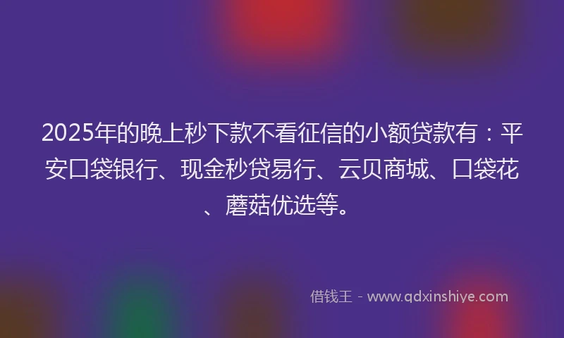2025年的晚上秒下款不看征信的小额贷款有：平安口袋银行、现金秒贷易行、云贝商城、口袋花、蘑菇优选等。