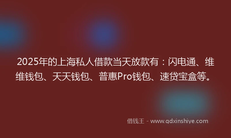 2025年的上海私人借款当天放款有：闪电通、维维钱包、天天钱包、普惠Pro钱包、速贷宝盒等。