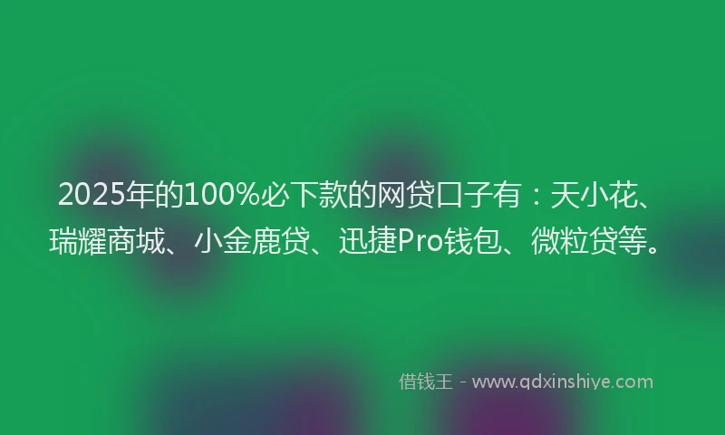 2025年的100%必下款的网贷口子有：天小花、瑞耀商城、小金鹿贷、迅捷Pro钱包、微粒贷等。