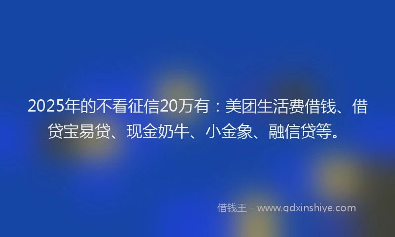 2025年的不看征信20万有：美团生活费借钱、借贷宝易贷、现金奶牛、小金象、融信贷等。