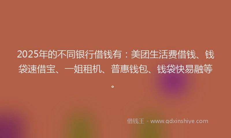 2025年的不同银行借钱有：美团生活费借钱、钱袋速借宝、一姐租机、普惠钱包、钱袋快易融等。