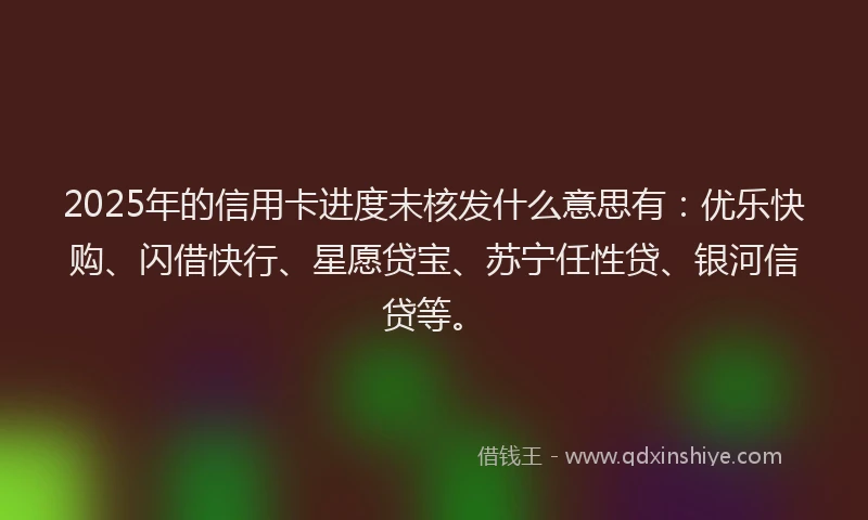 2025年的信用卡进度未核发什么意思有：优乐快购、闪借快行、星愿贷宝、苏宁任性贷、银河信贷等。