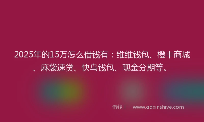2025年的15万怎么借钱有：维维钱包、橙丰商城、麻袋速贷、快鸟钱包、现金分期等。