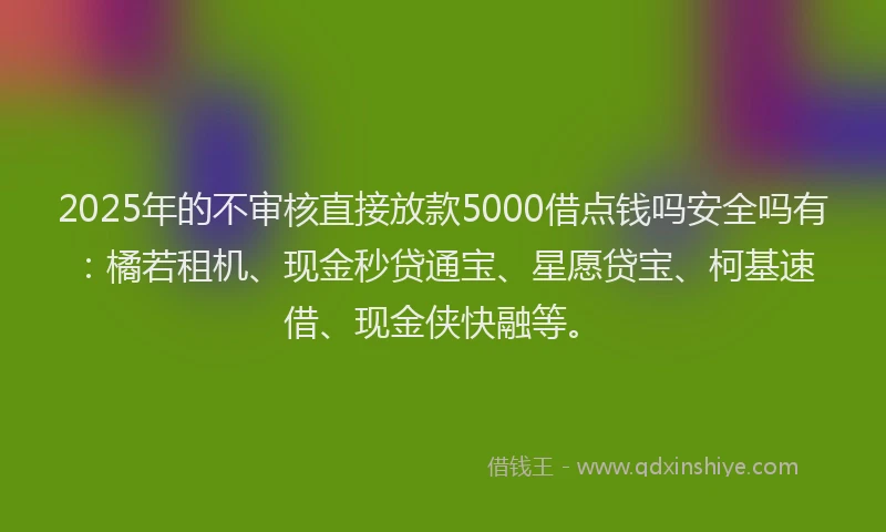 2025年的不审核直接放款5000借点钱吗安全吗有：橘若租机、现金秒贷通宝、星愿贷宝、柯基速借、现金侠快融等。