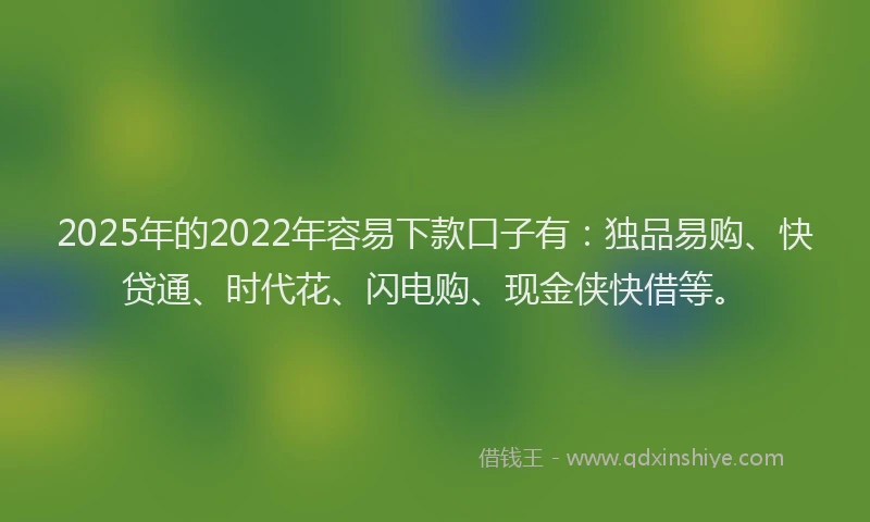 2025年的2022年容易下款口子有：独品易购、快贷通、时代花、闪电购、现金侠快借等。