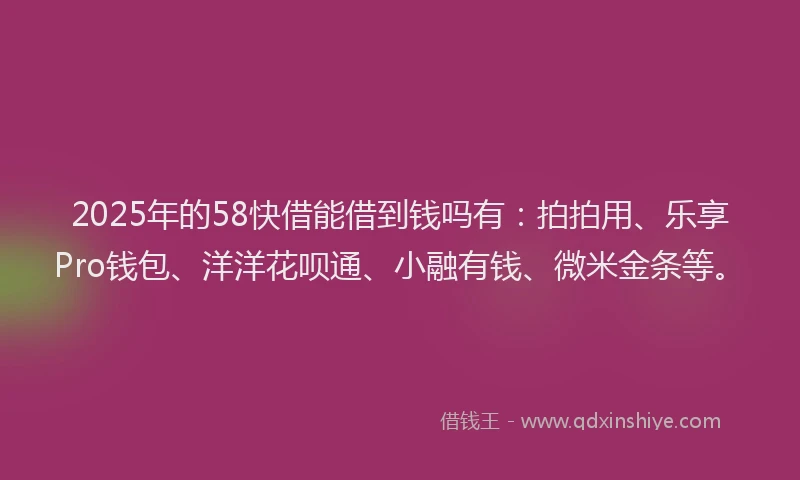 2025年的58快借能借到钱吗有：拍拍用、乐享Pro钱包、洋洋花呗通、小融有钱、微米金条等。